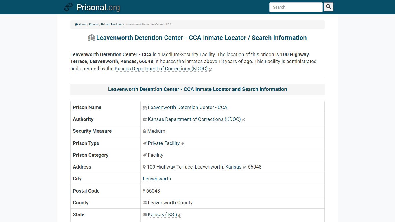 Leavenworth Detention Center - CCA-Inmate Locator/Search ...